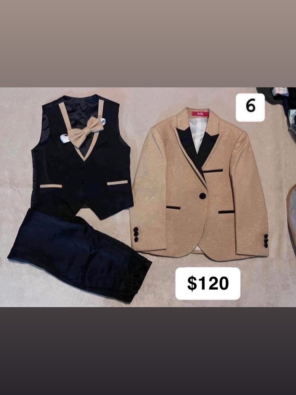 Boys Gold Sparkle Blazer with Black Trim & Black Vest Set